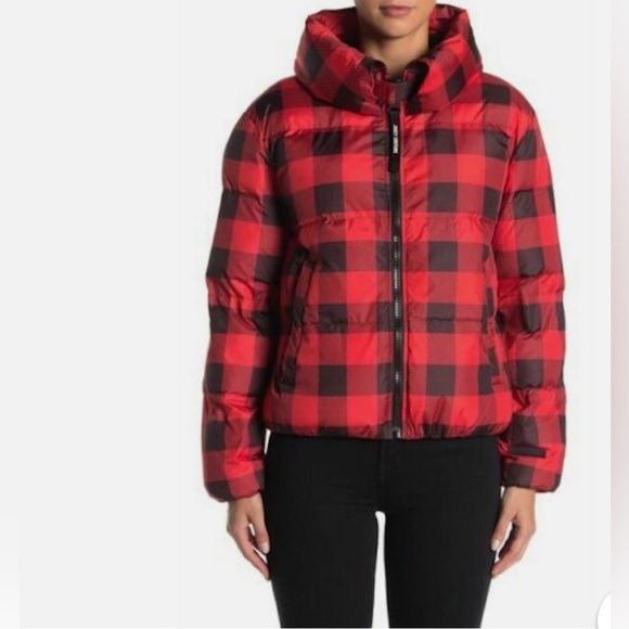 Juicy Couture Black Label Buffalo Red/Black Plaid FunnelNeck Puffer-Size Small - Picture 1 of 16
